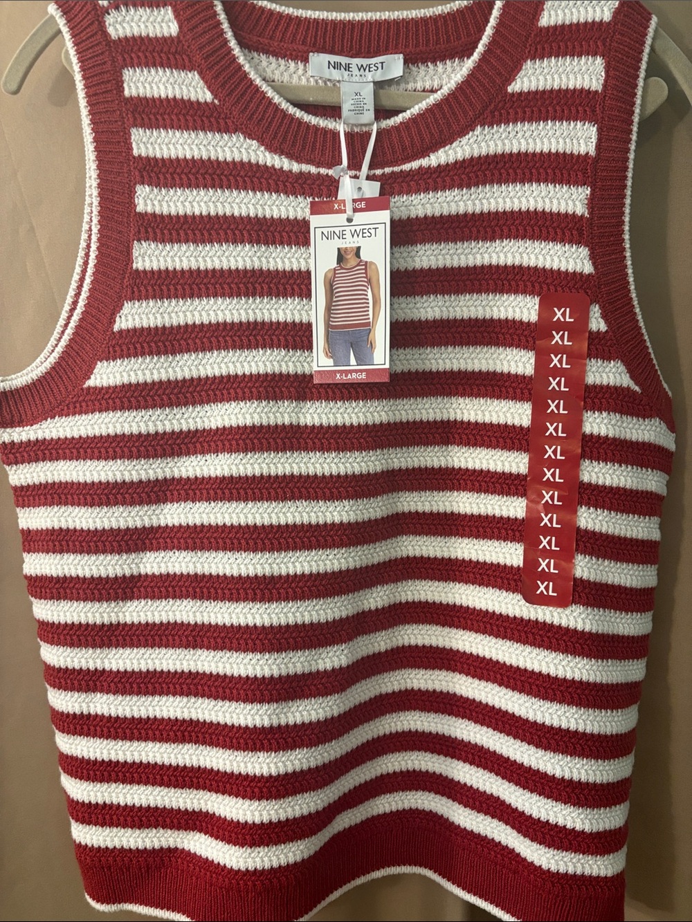 Nine West XL Red and White Crotchet Crewneck Tank